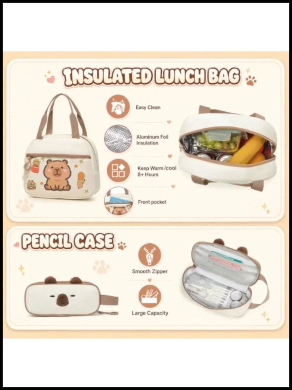 3PCS Kawaii Capybara Backpack Set with Lunch Bag & Pencil Pouch - Kids School